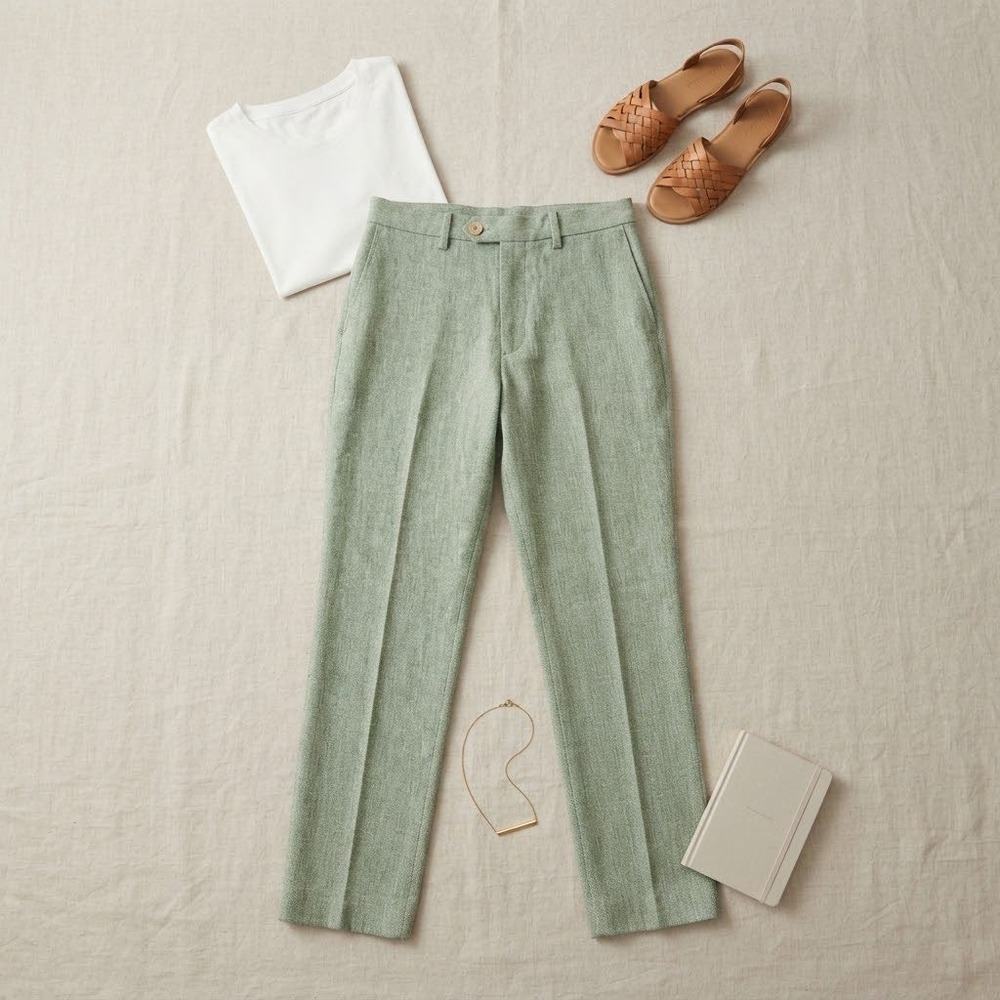 Banana Republic Trousers 29 Sage Green Herringbone Linen Tailored Fit Luxury